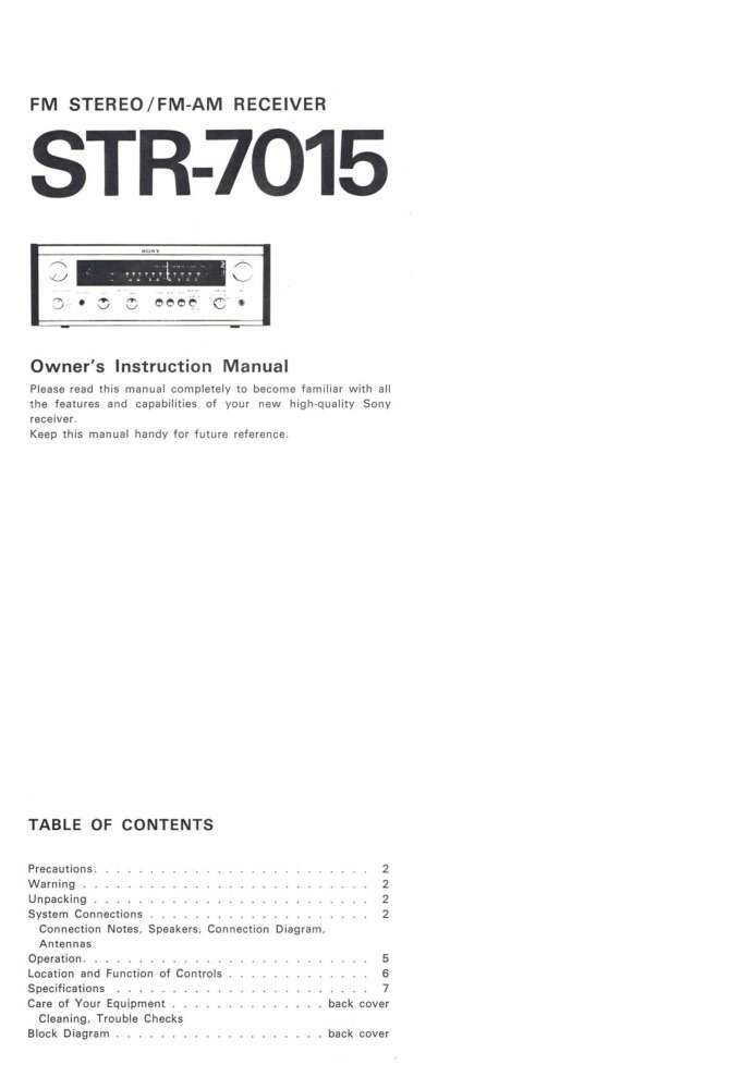 Sony STR-7015 Amplifier / Receiver Owners Instruction Manual