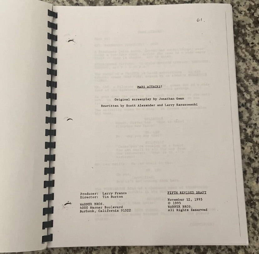 Mars Attacks Horror Movie Script Reprint Full Screenplay unsigned