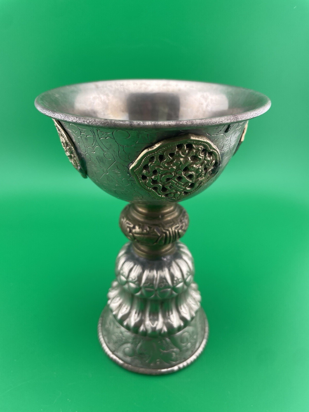 Vintage Tibetan Buddhist Butter Oil Alter Lamp Ornate Repousse Etched Designs