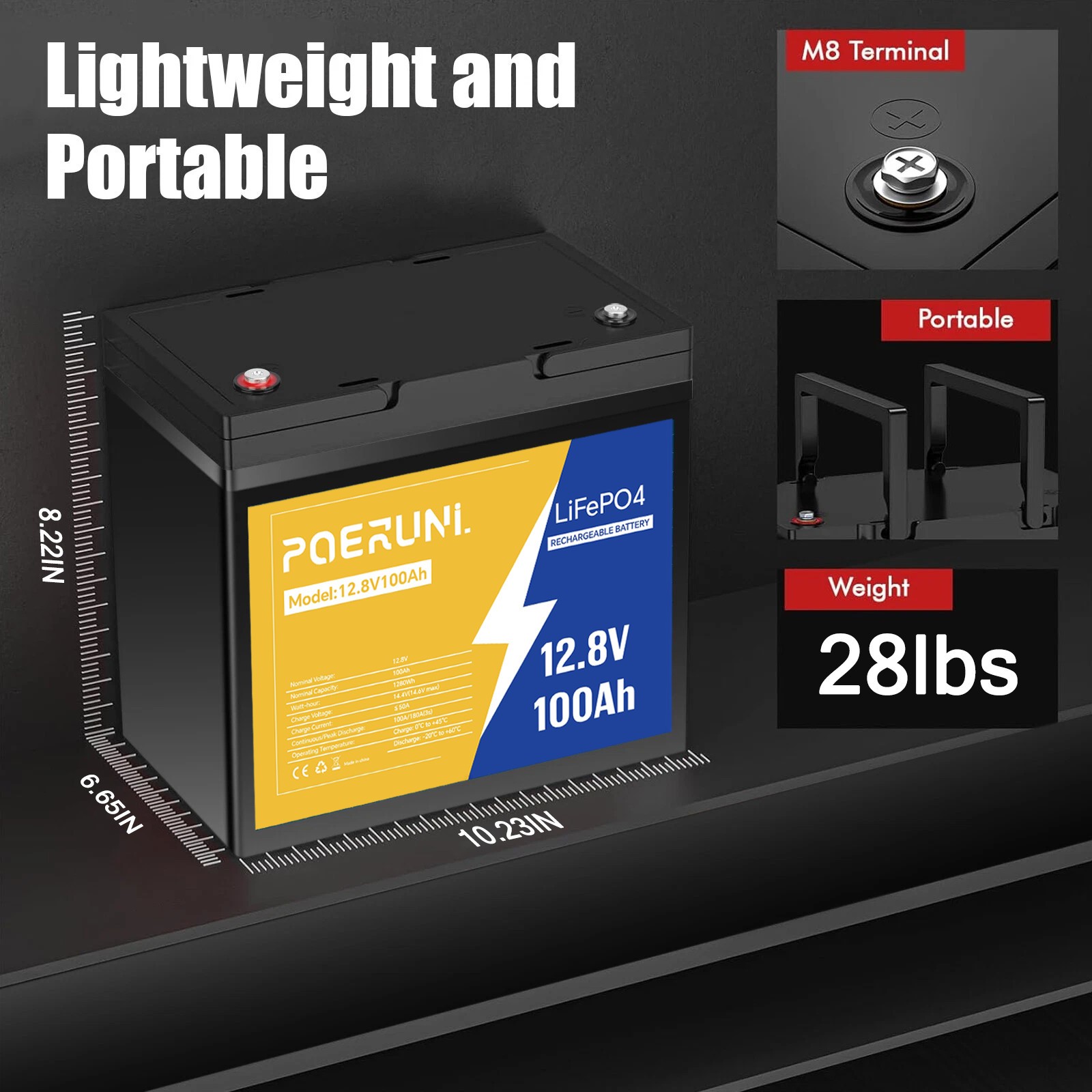 POERUNI 12V 100Ah LiFePO4 Deep Cycle 15000+ Lithium Battery Built-in BMS RV NEW