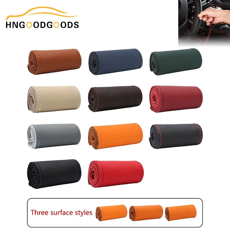 15" Genuine Leather Car Steering Wheel Cover Handsewn DIY Stitch On Wrap Protect
