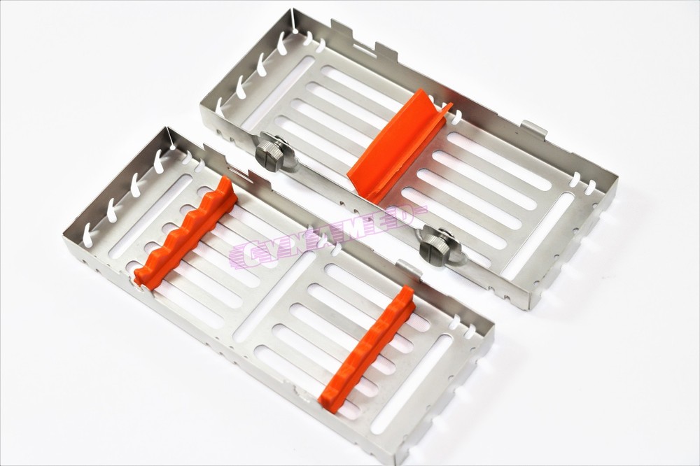 2 GERMAN RACKS STERILIZATION TRAYS FOR 5 INSTRUMENTS DOUBLE BUTTONS DETACHABLE