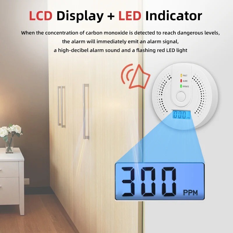 Carbon Monoxide Warning Alarm Sensor LED Digital Battery Powered