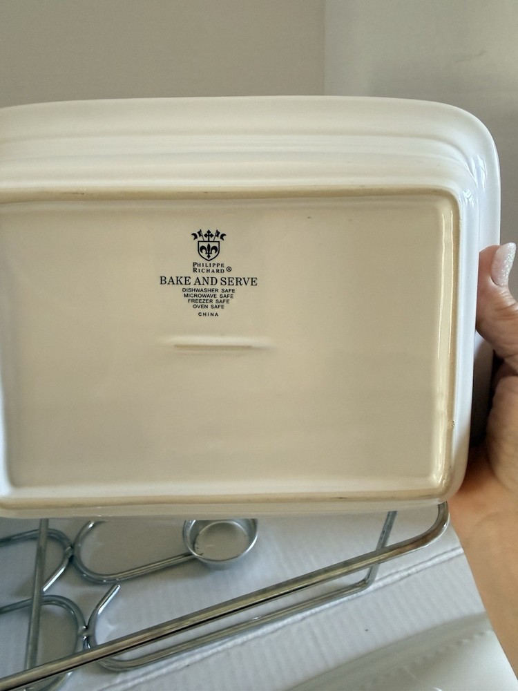 Philippe Richard Double Chafing Dish Set White Ceramic Bake & Serve w Rack