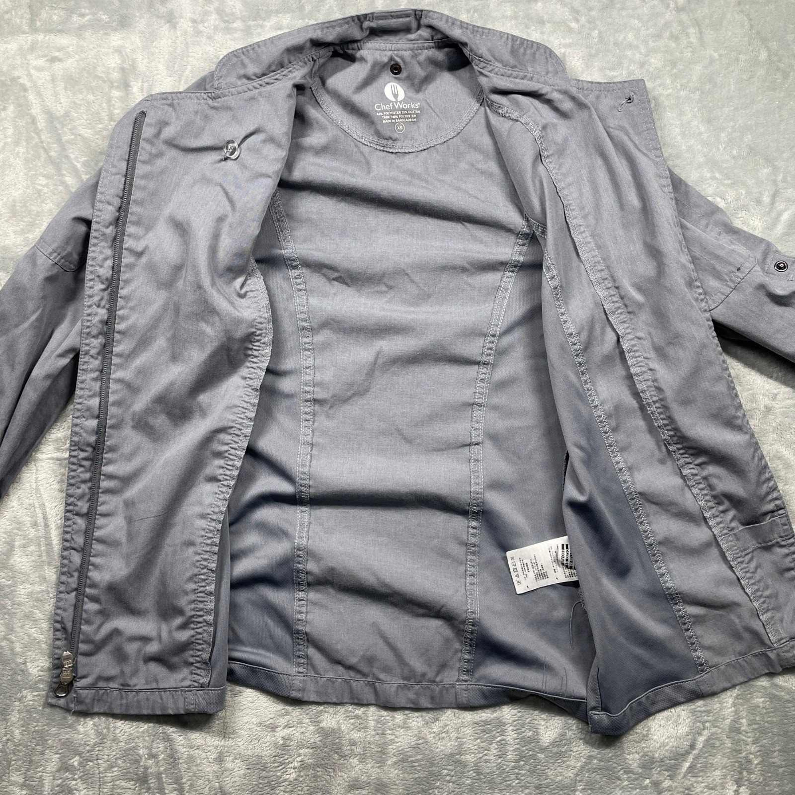 Two Chef Works Gray Chef Coat Kitchen Uniform Full Zip Long Sleeve Workwear Top