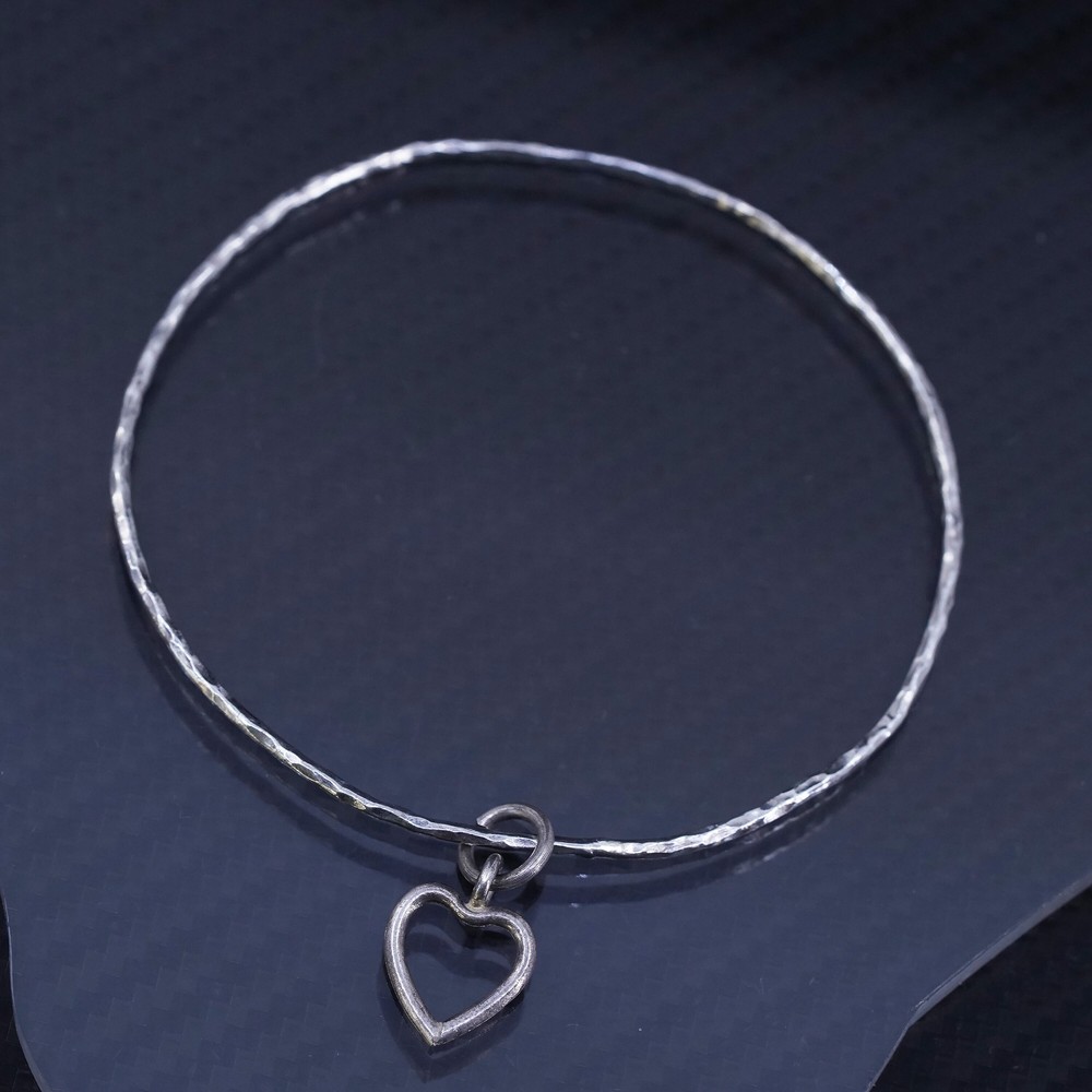 7.5”, sterling silver 925 hammered bangle, stackable bracelet with heart charm
