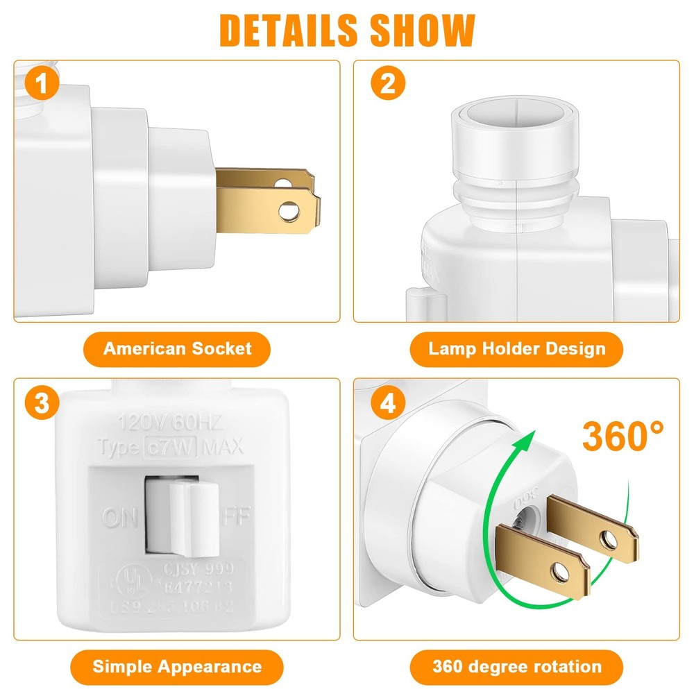 8 Sets Night Light Bases, 360° Plug in Rotating Night Light Modules with On/O...