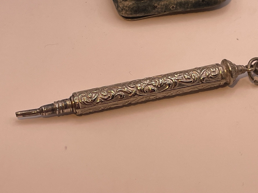 Chatelaine Solid Silver Antique Victorian Continental pin cushion pencil etc