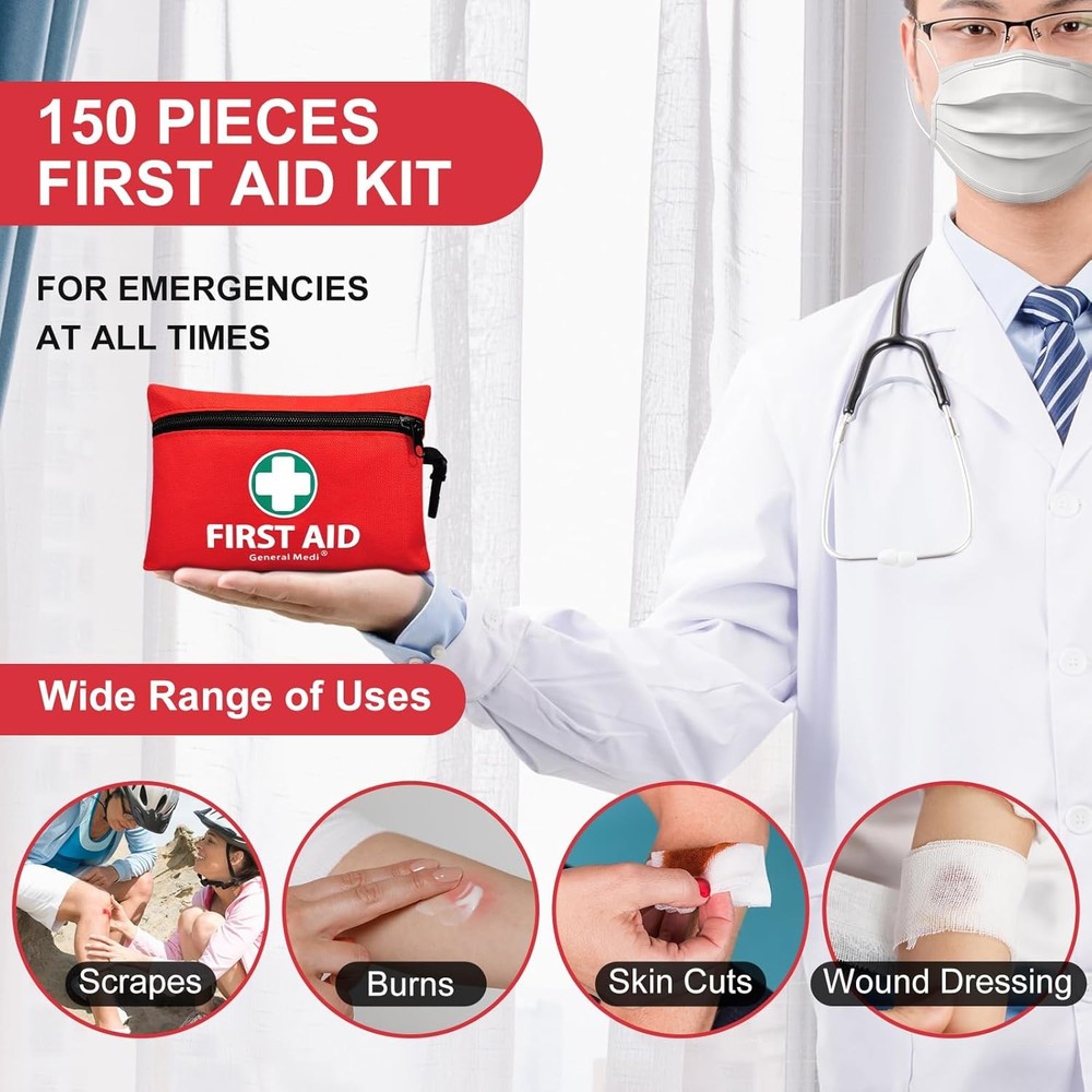 Mini First Aid Kit, 150 Piece Small First Aid Kit - Includes Emergency (Red)