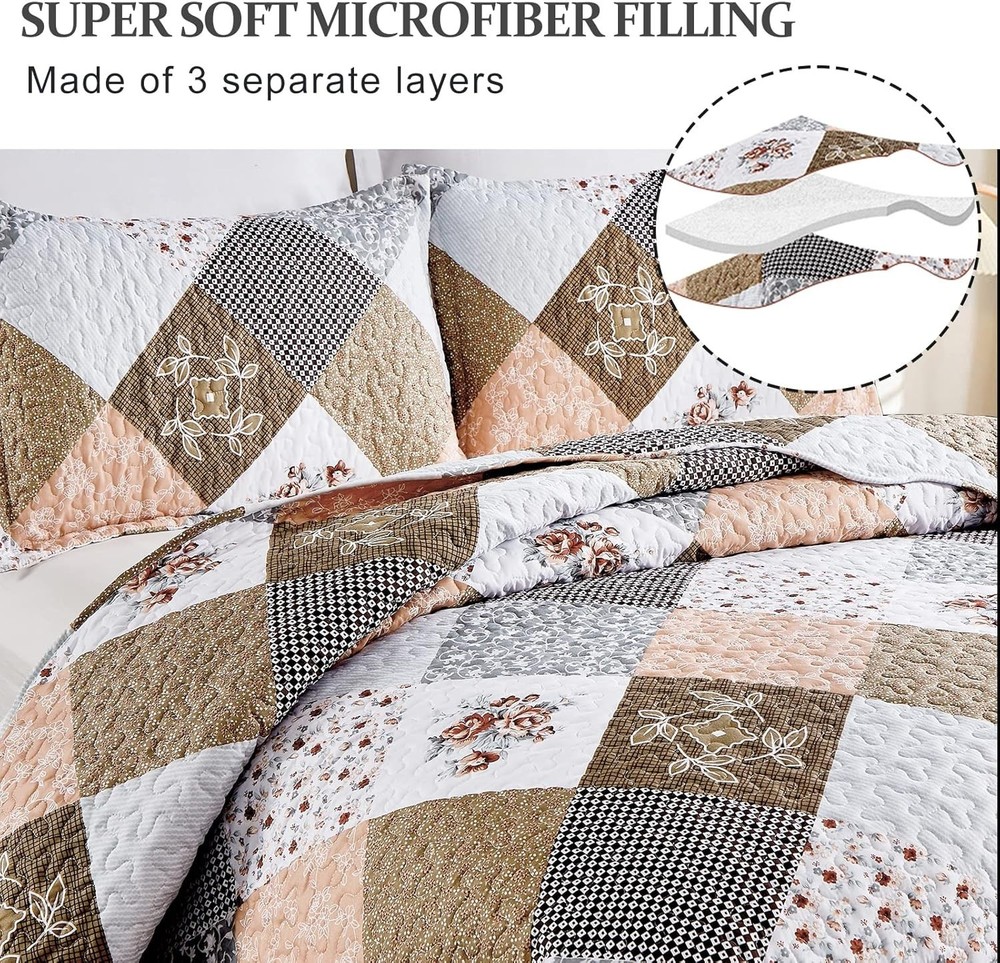Dinjoy Floral Plaid Patchwork Quilt Set Full Size, Reversible Brown Bedding Set
