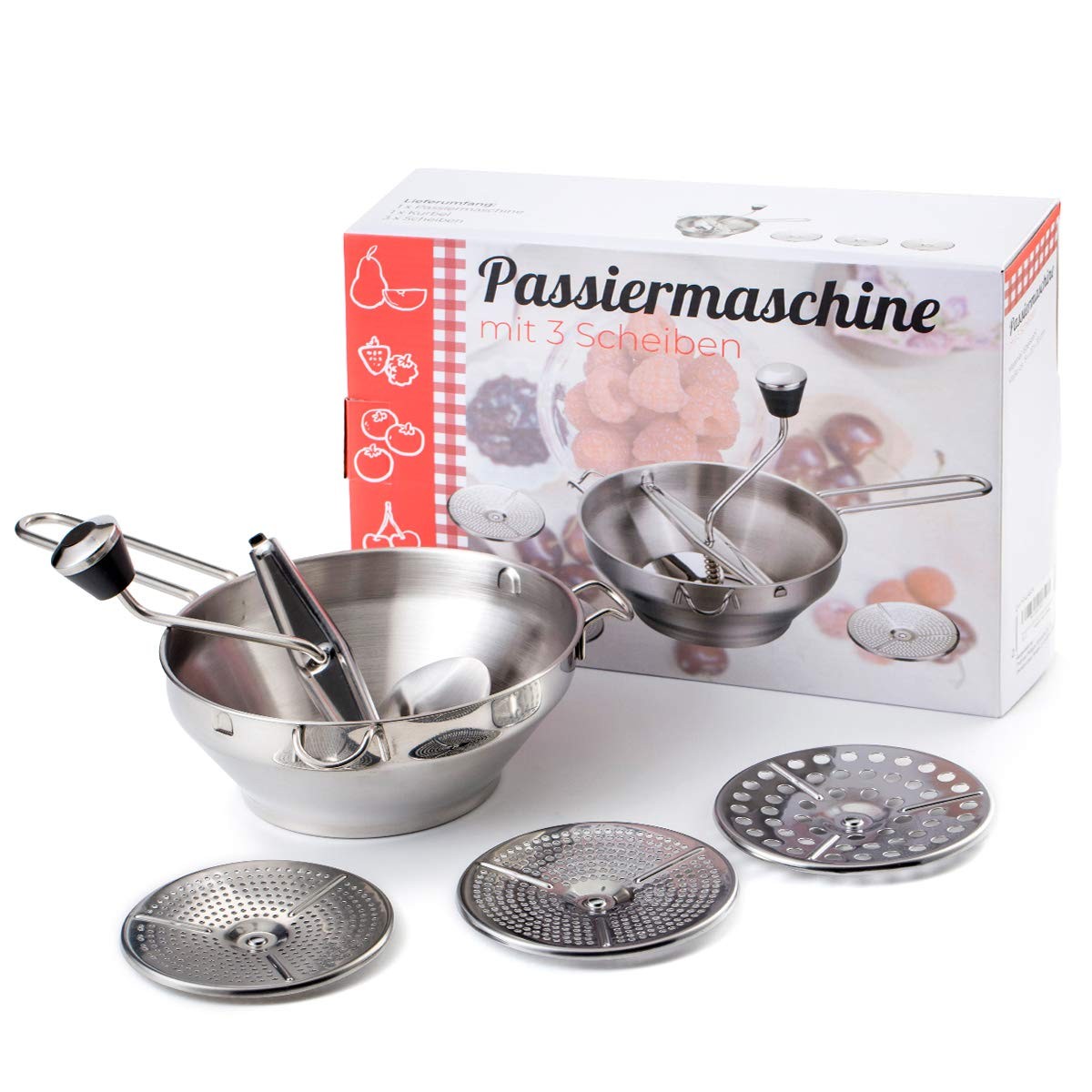 Rotary Food Mill Potato Ricer with 3 Interchangeable Disks, Great for Silver