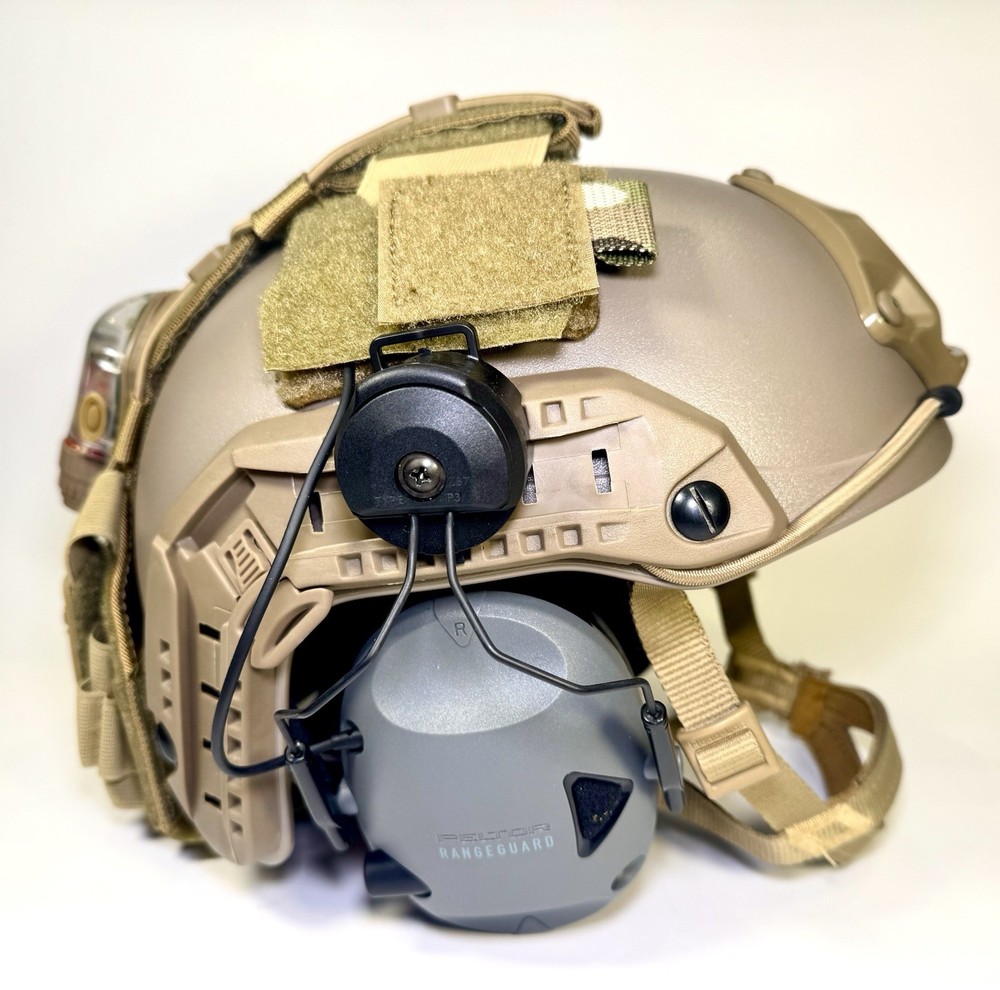 Ops-Core Style Bump Helmet w/ Peltor RangeGuard Ear Pro Setup Tan