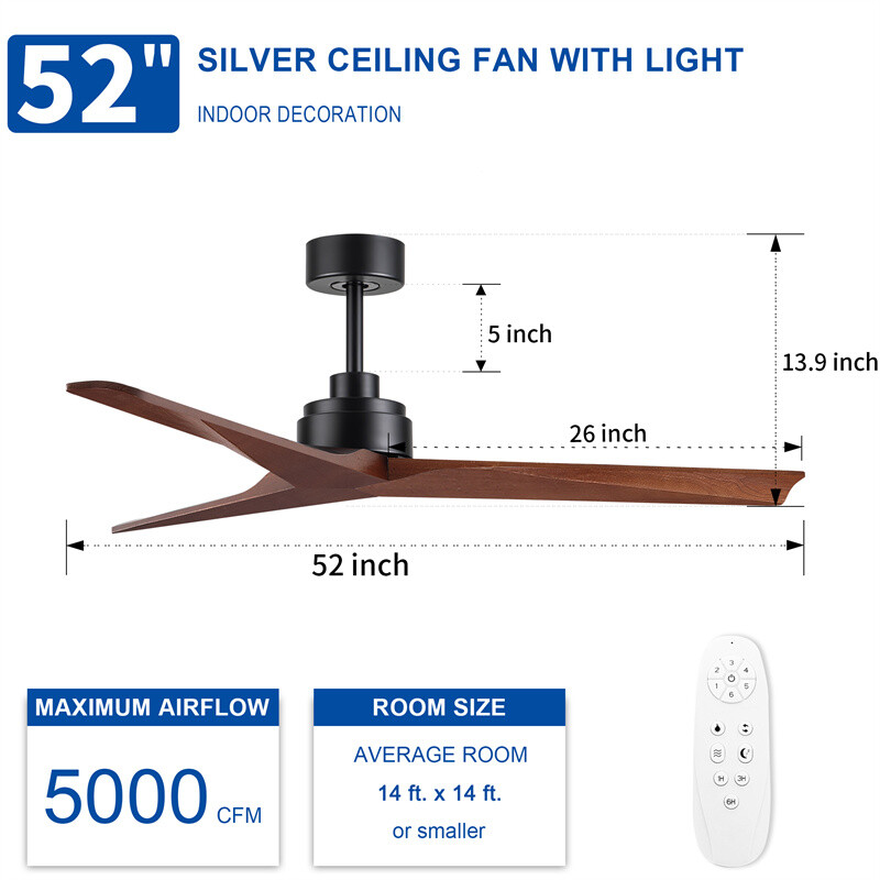 52" Lowe Profile Ceiling Fan No Light Solid Wood Blades Reversible Remote Indoor