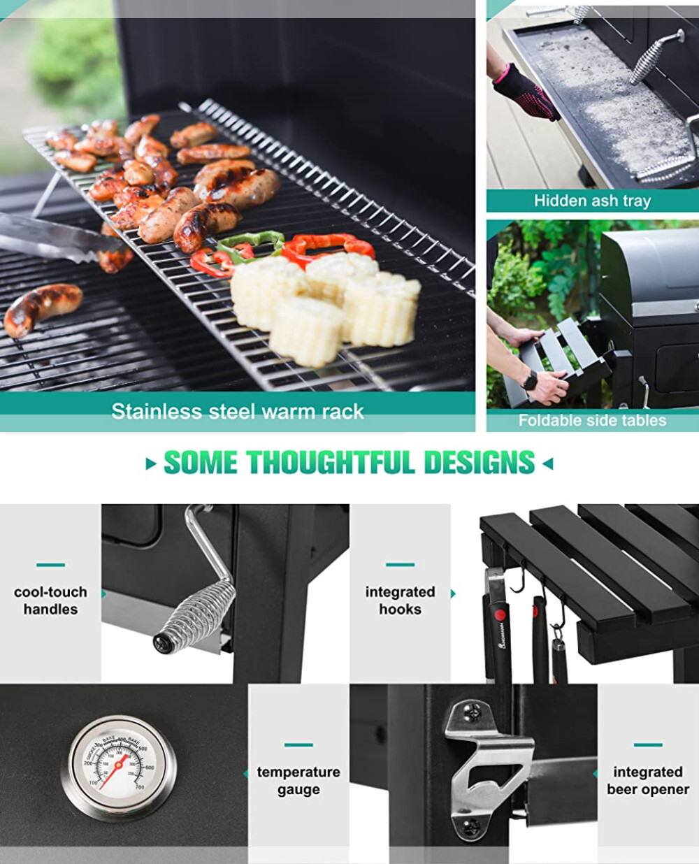 Heavy Duty Charcoal Grill Oversize Cooking Area Outdoor BBQ Grill with 2 Trays