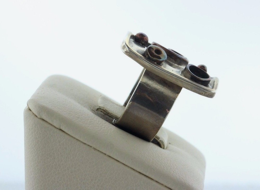 Handcrafted Sterling Silver 925 Square with Copper Circles Ring - Adjustable