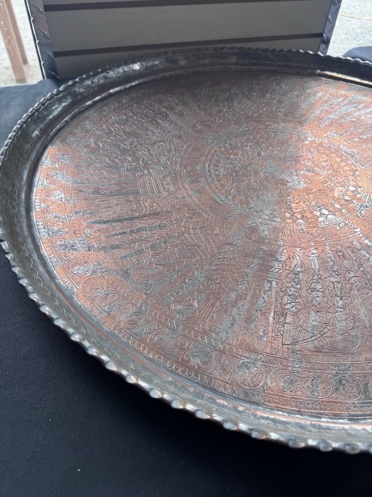 Vintage Islamic Middle Eastern Hammered Copper Platter Large 30”