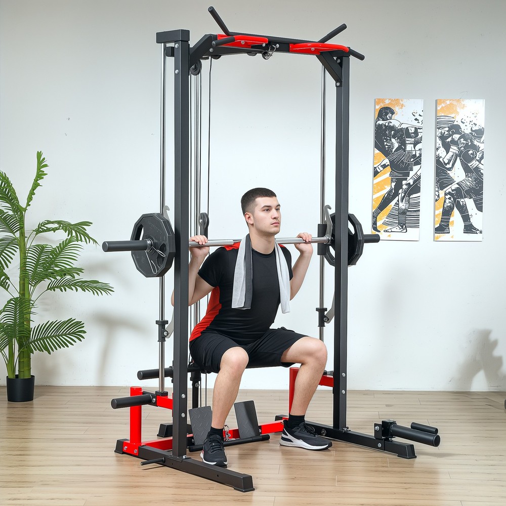 Smith Machine Power Squat Rack with Pull Up Barbell Bar Lat Pull Down System
