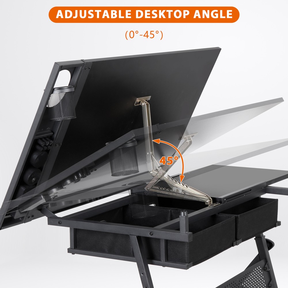 MDF Black Workstation Drafting Table Set with Stool and Storage Drawer 28-35.8"H