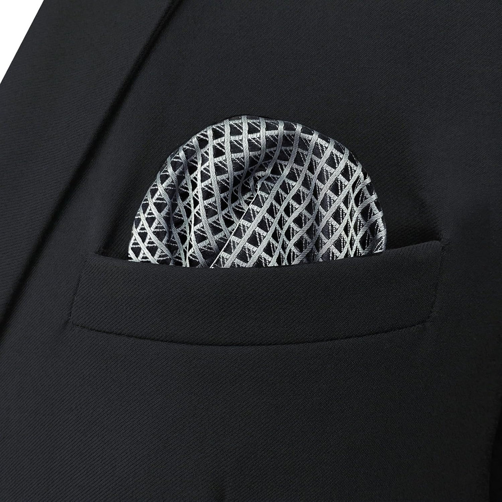 SHLAX&WING Solid Black Silver Mens Hanky Business Pocket Square Silk