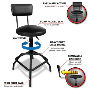 Wilmar W85016 Pneumatic Stool With Removable Backrest