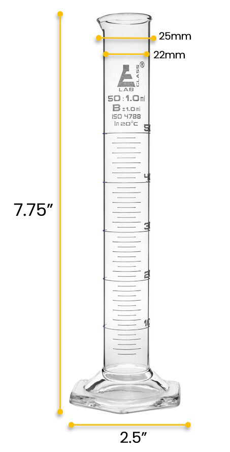 Eisco Labs 50ml Graduated Cylinder, Class B - White Graduations, Hexagonal Base