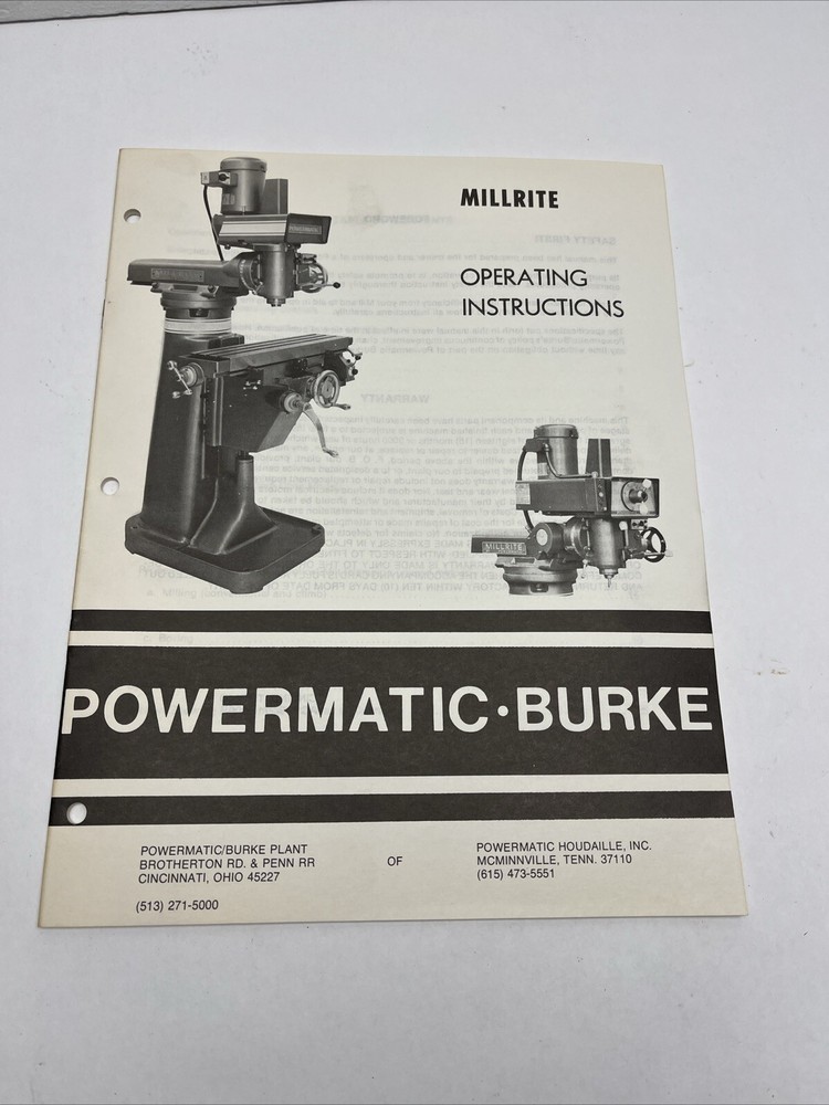 Millrite POWERMATIC  Vertical Milling Machine Owner Operator's Manual