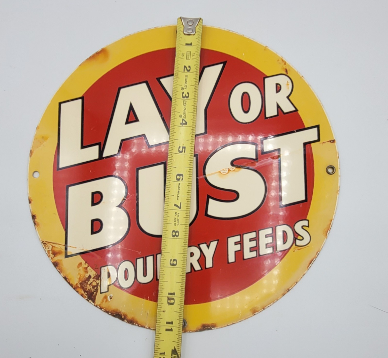 Vintage Lay Or Bust Poultry Feeds Rustic Chicken Porcelain Enameled Metal Sign