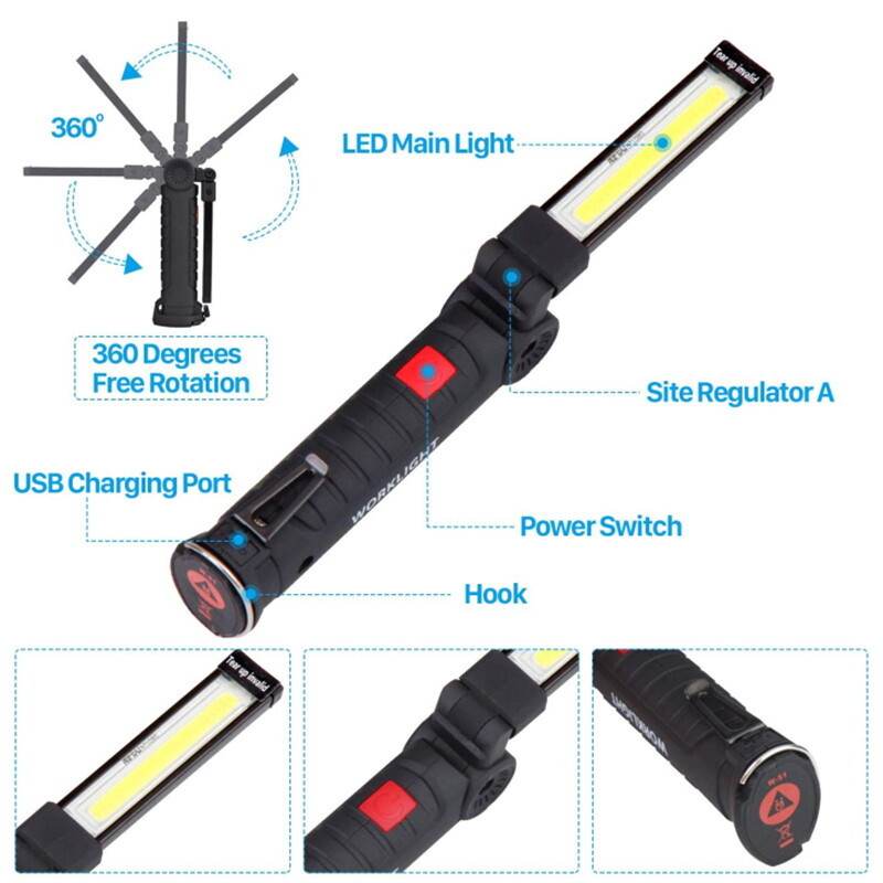 2x USB Rechargeable COB LED Work Light Magnetic Flashlight Hand Lamp Inspection