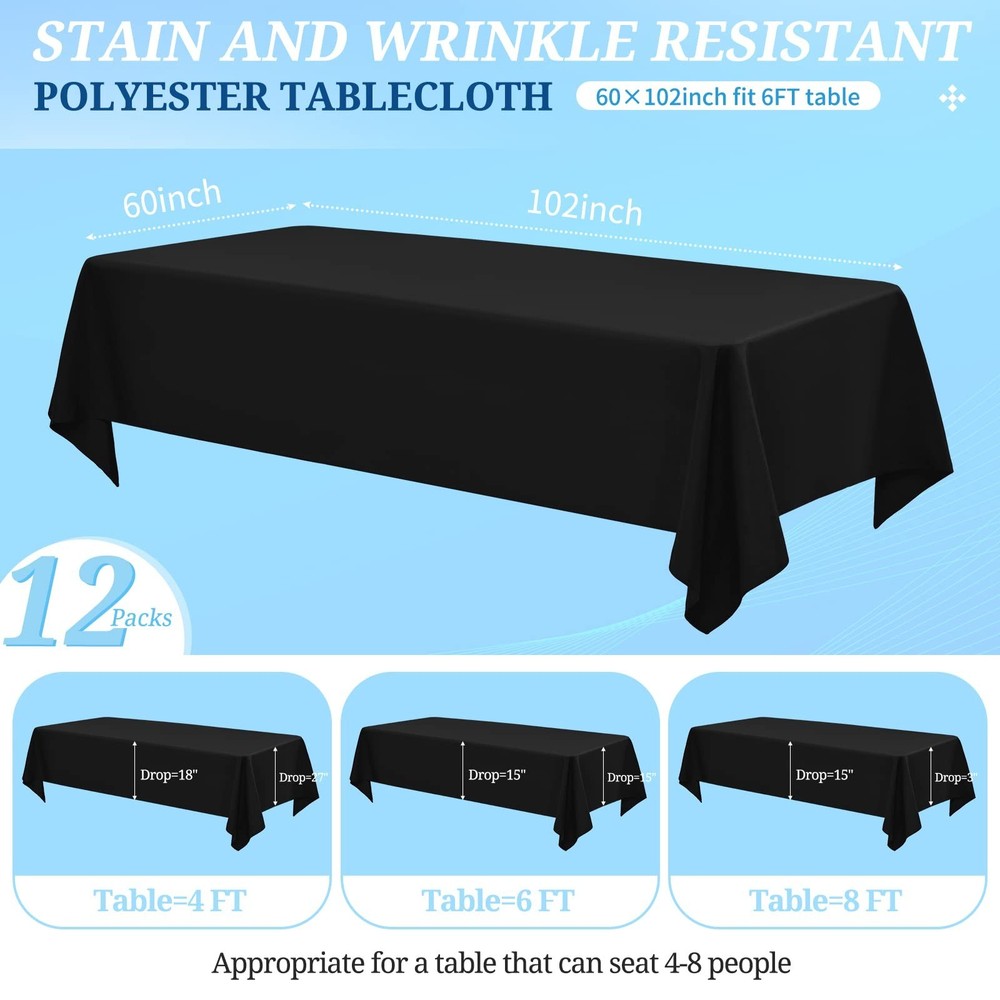 12 Pack Black Tablecloths for Rectangle Tables 60 x 102 Inch Black Polyester ...