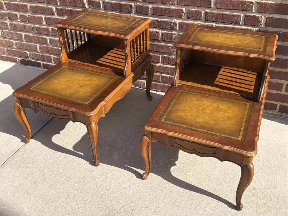 PAIR  Step-Back Tooled Leather Top ANTIQUE Side End Tables