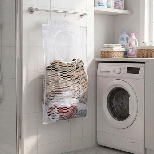 Breathable Mesh Laundry Hamper,Foldable Hanging Closet Storage White