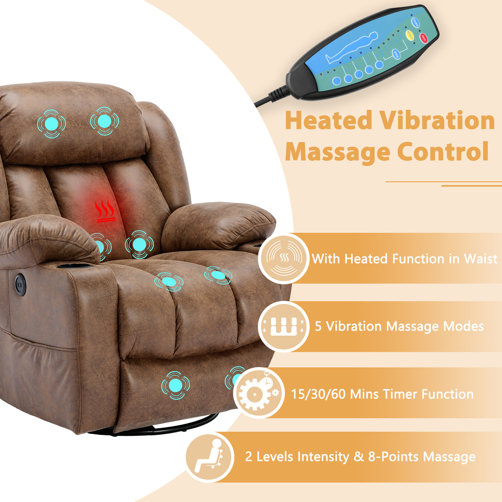 360° Swivel Overstuffed Manual Massage Glider Recliner with Heat and Vibration