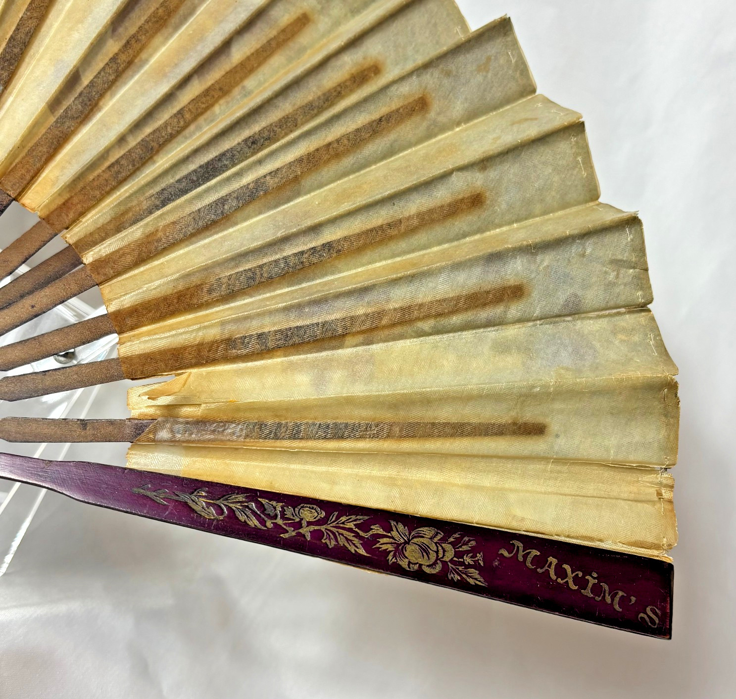 Maxim's France vintage linen folding fan purple pansy sequins