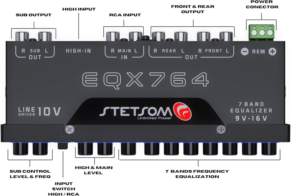 EQX764-7 Band Equalizer, Pre-Amp Car Audio Graphic Equalizer with 4 Inputs (RCA