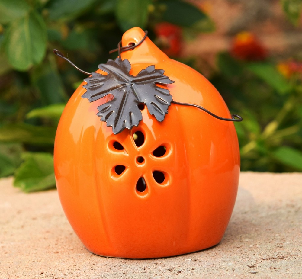 Ceramic Orange Pumpkin with Metal Maple Leaf Fall Table Decor