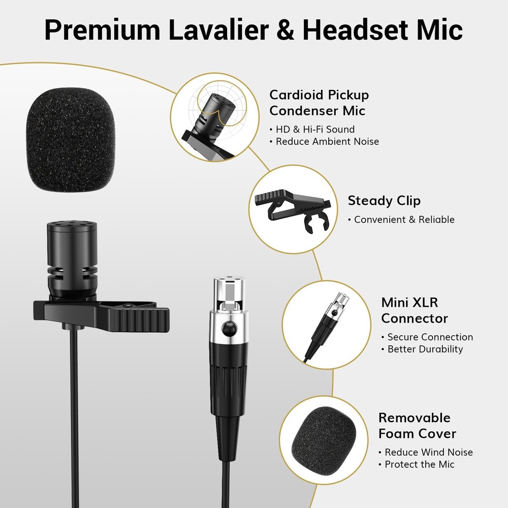TONOR UHF Wireless Microphone System with Headset Lavalier Lapel Mic, Black