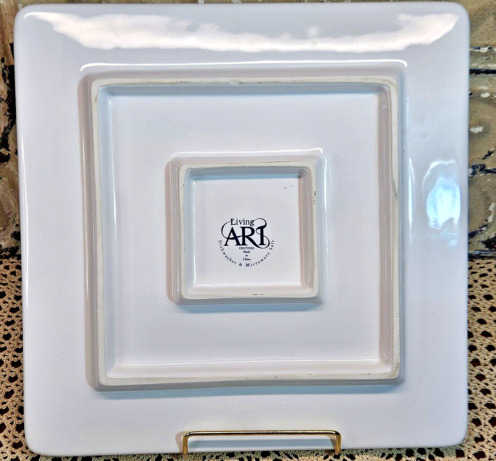 Ceramic Red & White Christmas Tree Trivet Serving Platter Square 10.5"