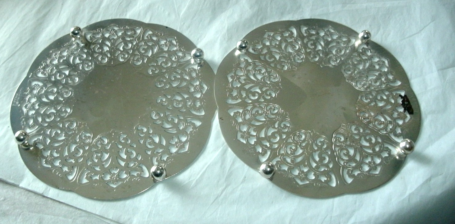 2 VINTAGE FOOTED SILVERPLATE TRIVETS, MADE IN WESTERN GERMANY, 6"