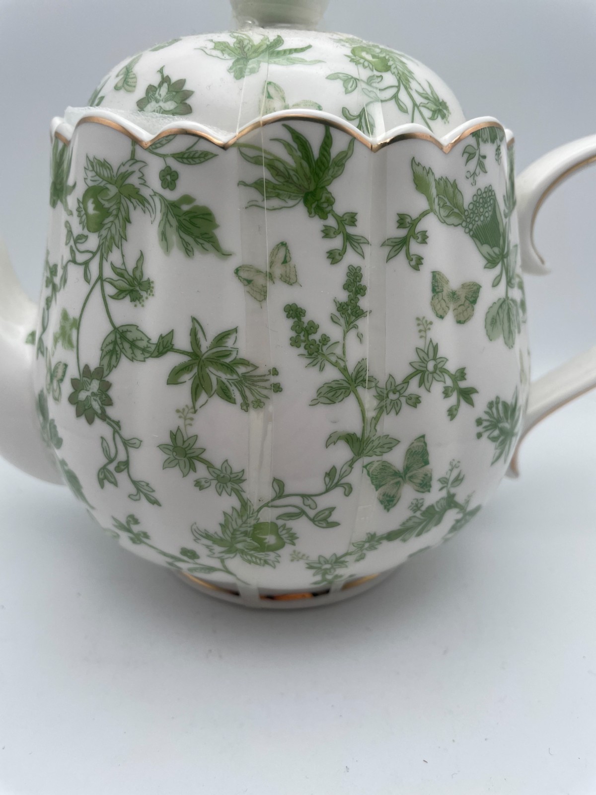 Grace Teaware Shabby Chic Green Floral Gold Trim Fine Porcelain Teapot & Lid B97