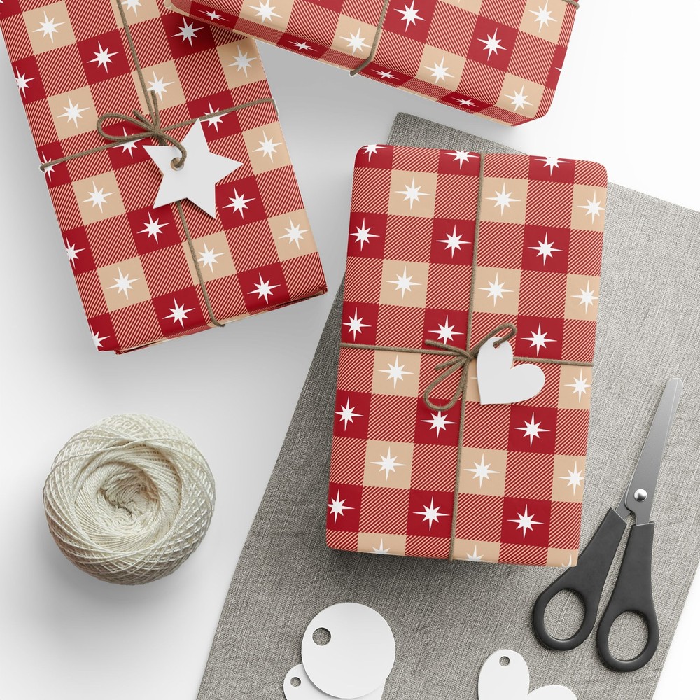 Red And Tan Gingham With Star Print Wrapping Papers
