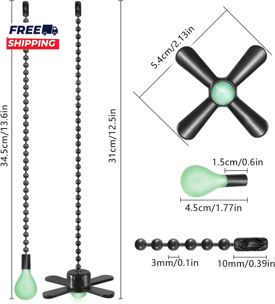 Black Ceiling Fan Pull Chain Set 2Pack 3Mm Diameter Beaded Fluorescent Decorati