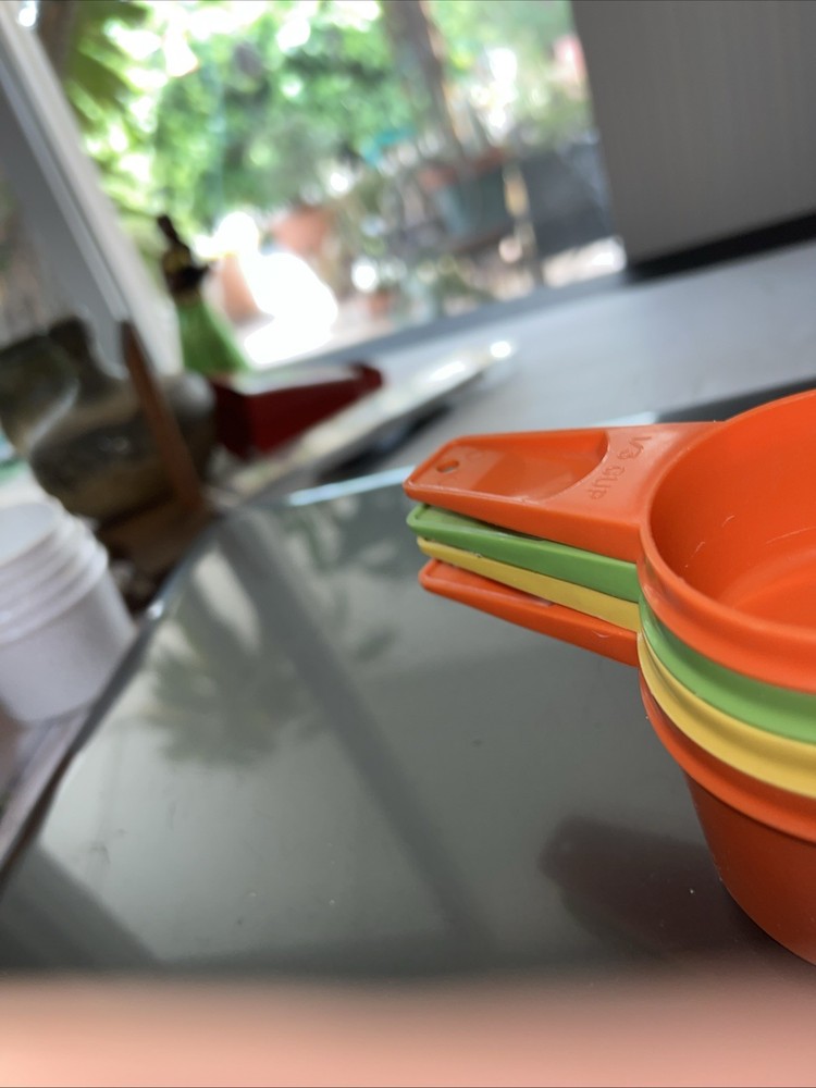 4 Tupperware Stacking Nesting Measuring Cups 1/3, 1/2, 2/3, 3/4” Rainbow