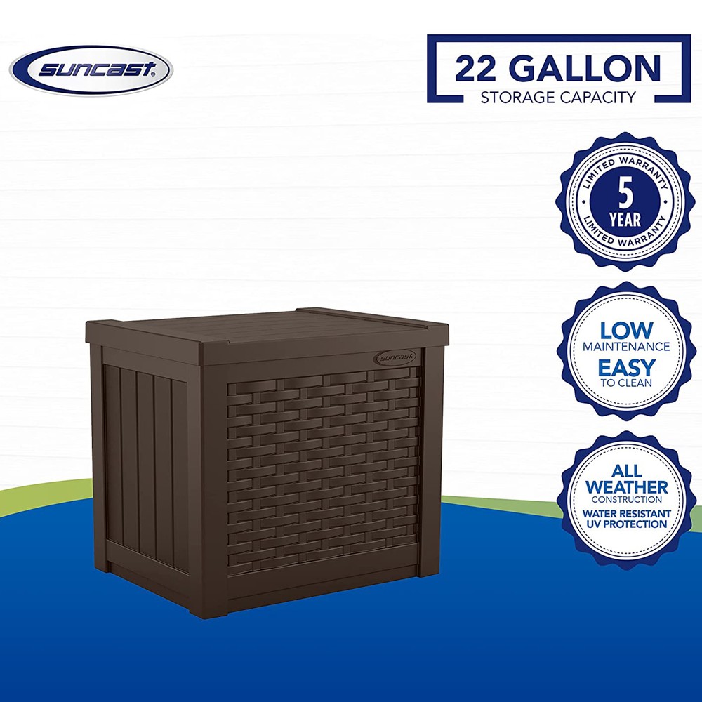 Suncast 22 Gallon Outdoor Patio Small Deck Chest Box with Storage Seat, Java