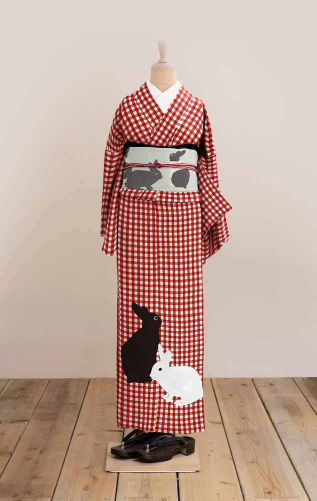 Awase Kimono (Gingham Rabbit, Red) SAK-RMK1011b