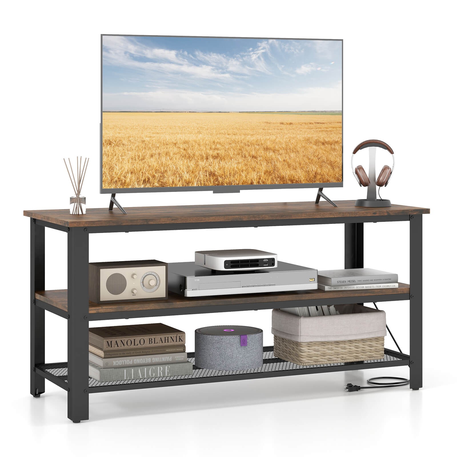 3-Tier TV Stand for TVs up to 50" w/Storage Shelves & Recessed Power Outlets