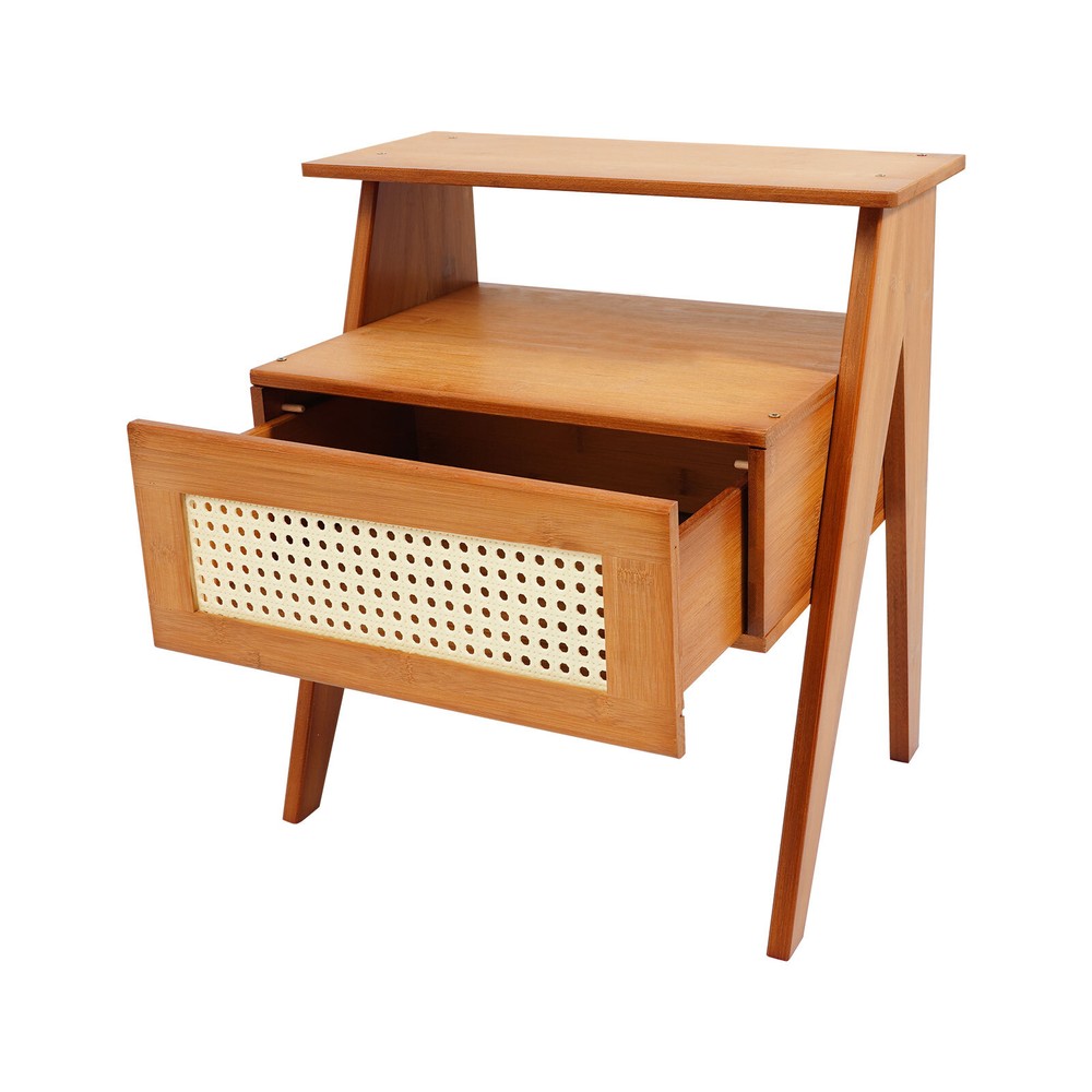 Bamboo Bedside Table, Trapezoidal Sofa Side Table, Bedside Table with Drawer