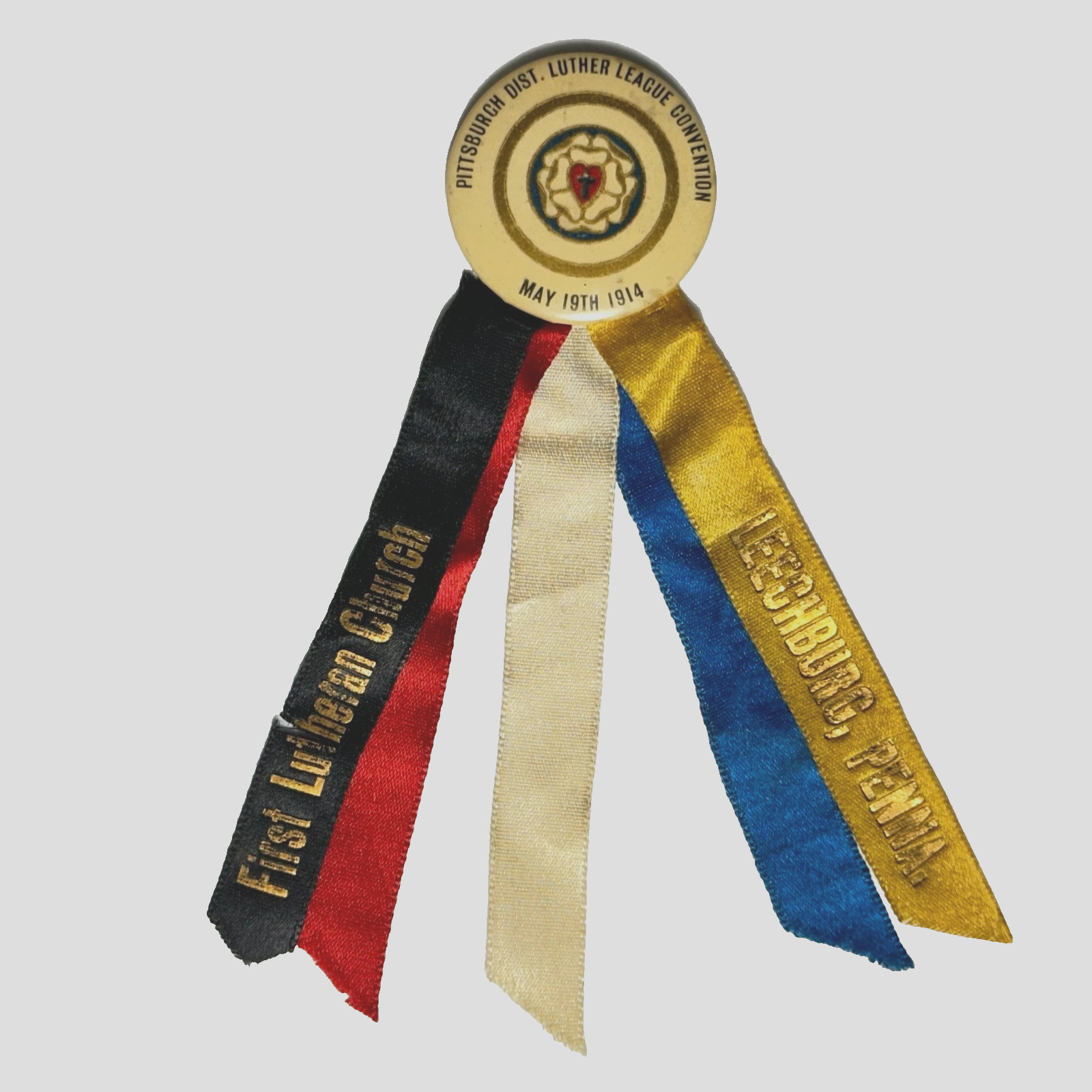 1914 Pittsburgh Dist Luther League Convention Leechburg PA 4.25"H Pinback Ribbon