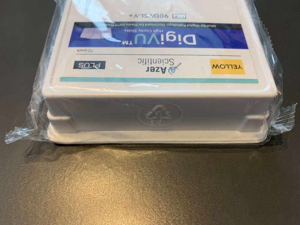 DigiVU Microscope Slides, 90 Degree Corner, Adhesion Plus. Yellow. 72 Per Pack.