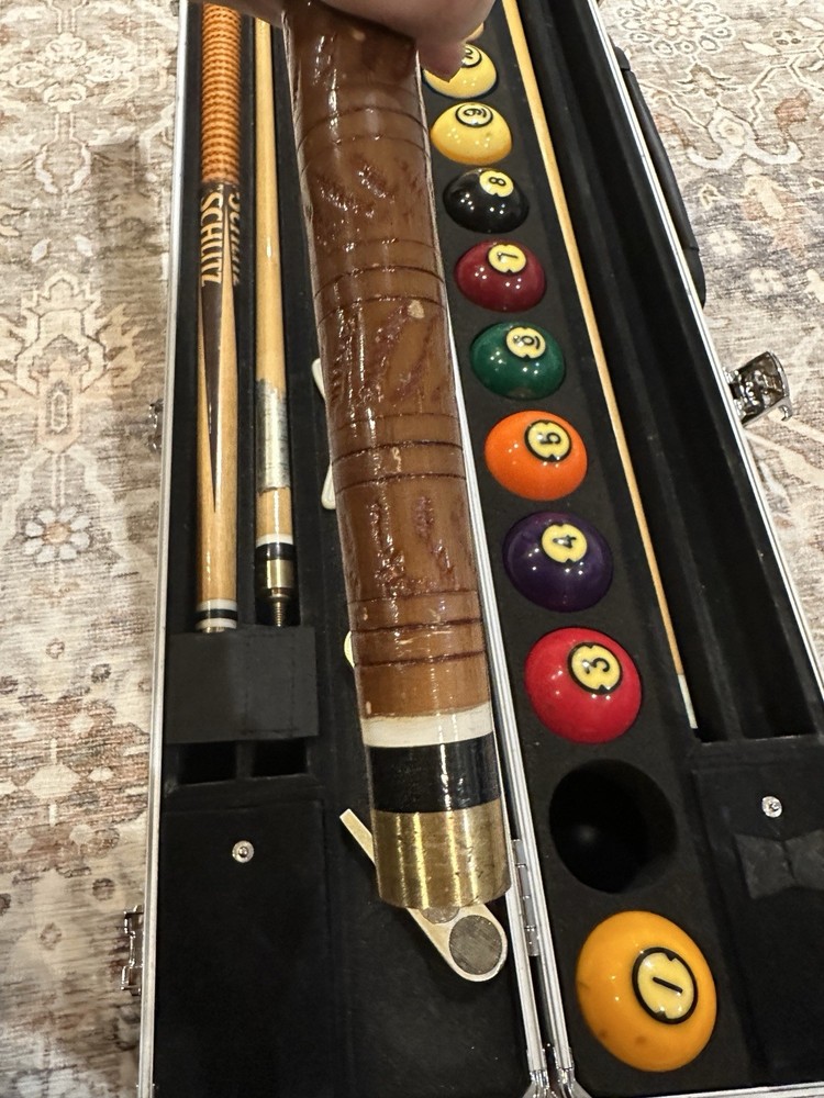 Brunswick Centennial Pool Balls Set With Aramith Case And 2 Schlitz Pool Sticks