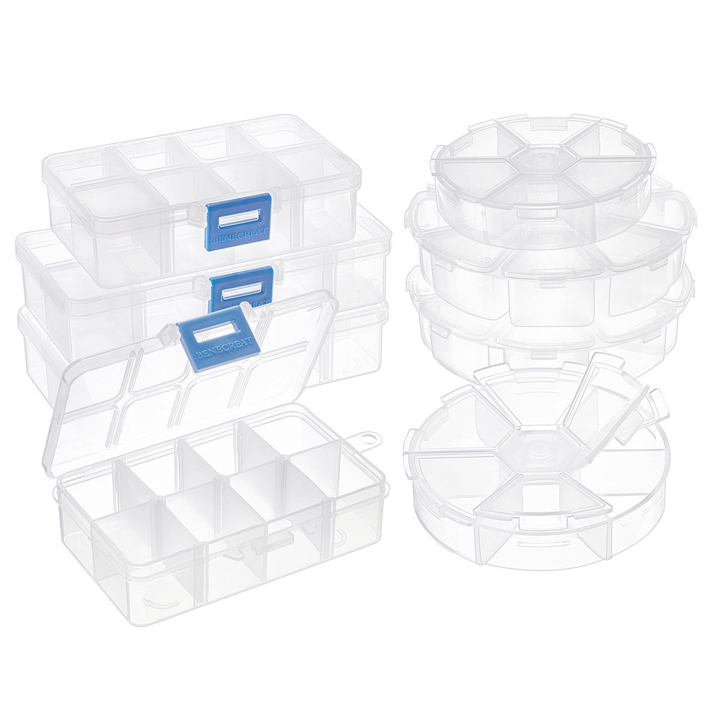 1set 8pcs Plastic Bead Storage Containers Flat Round and Rectangle Clear